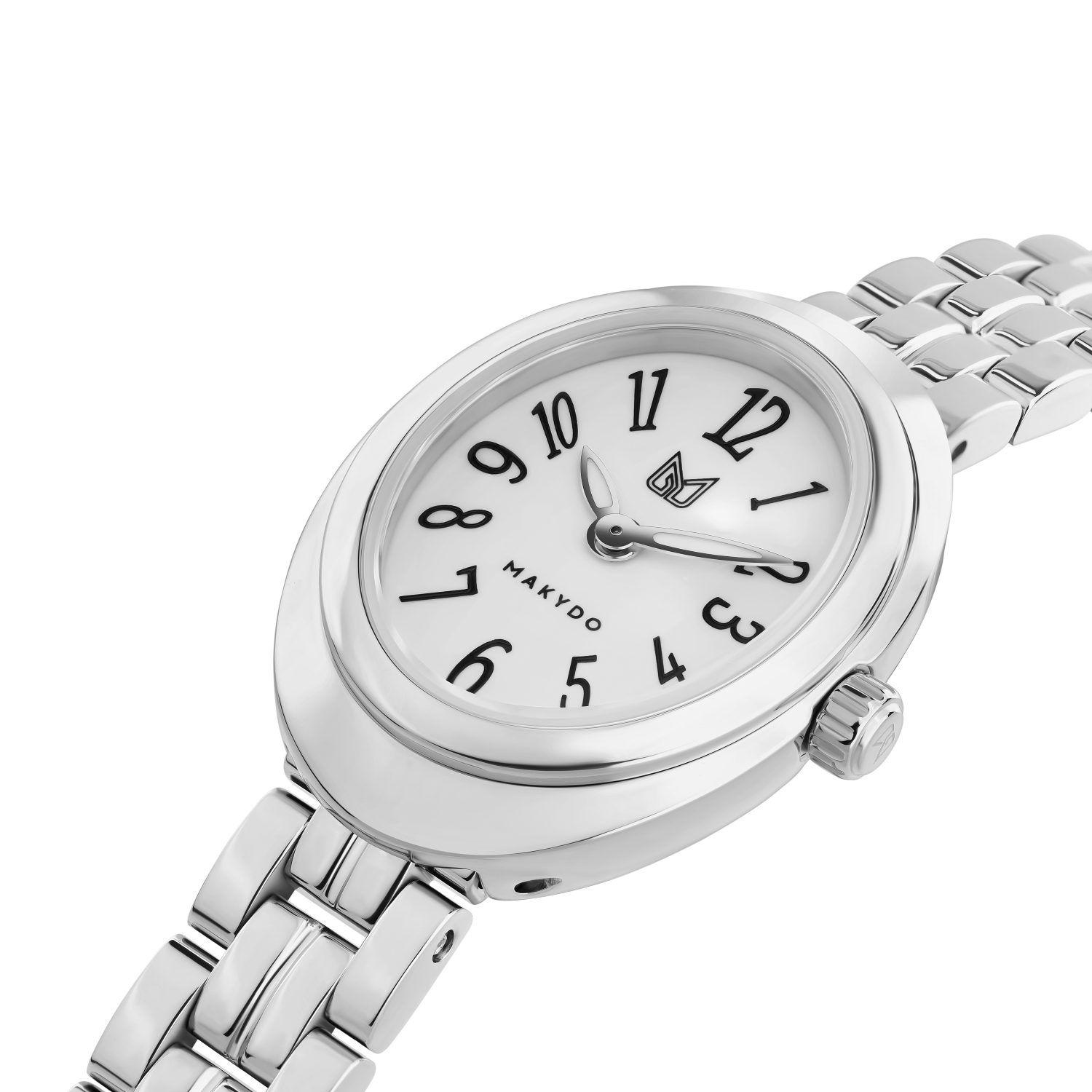 Silver watch with white face on a white background