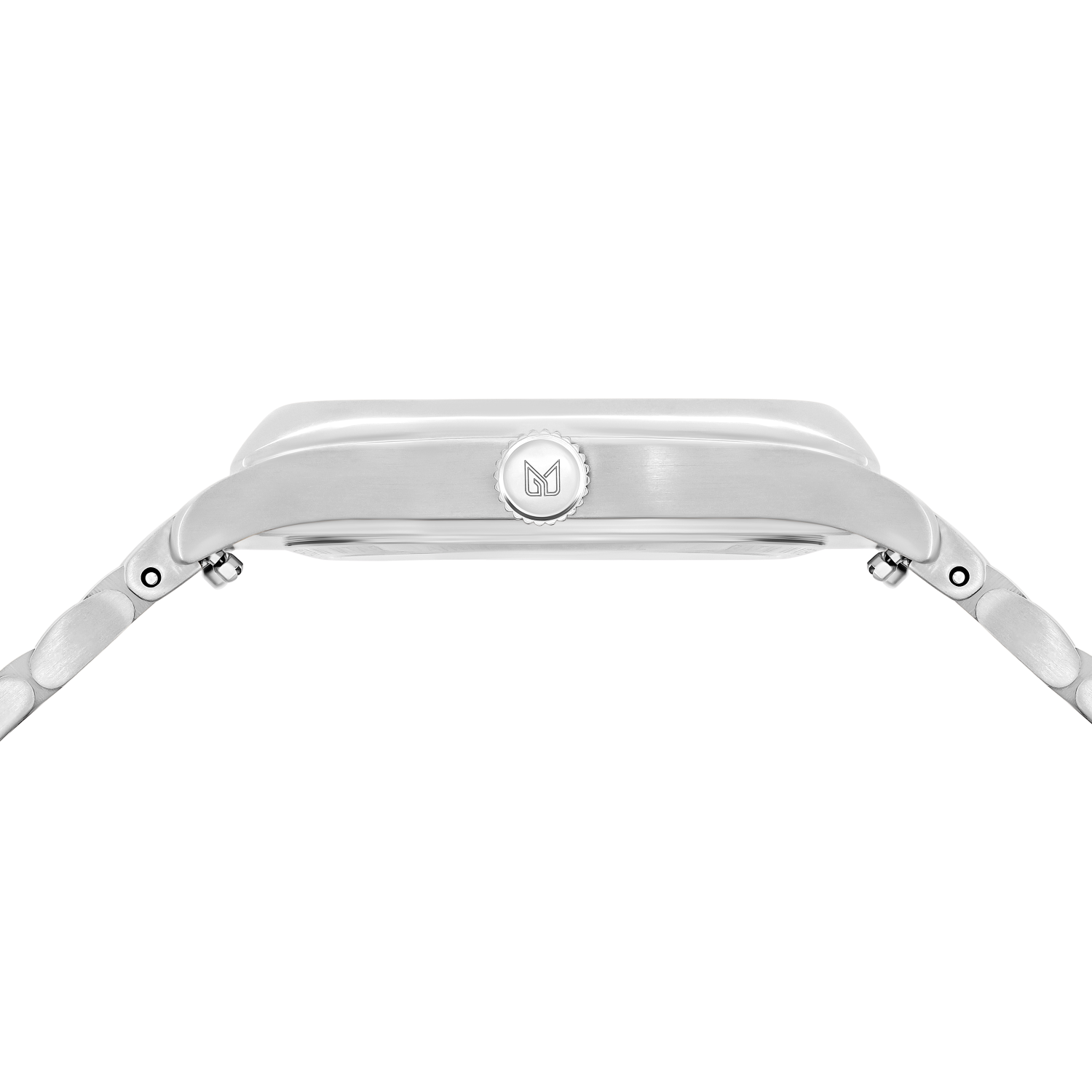 Close-up of a silver watch band on a white background