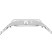 Close-up of a silver watch band on a white background