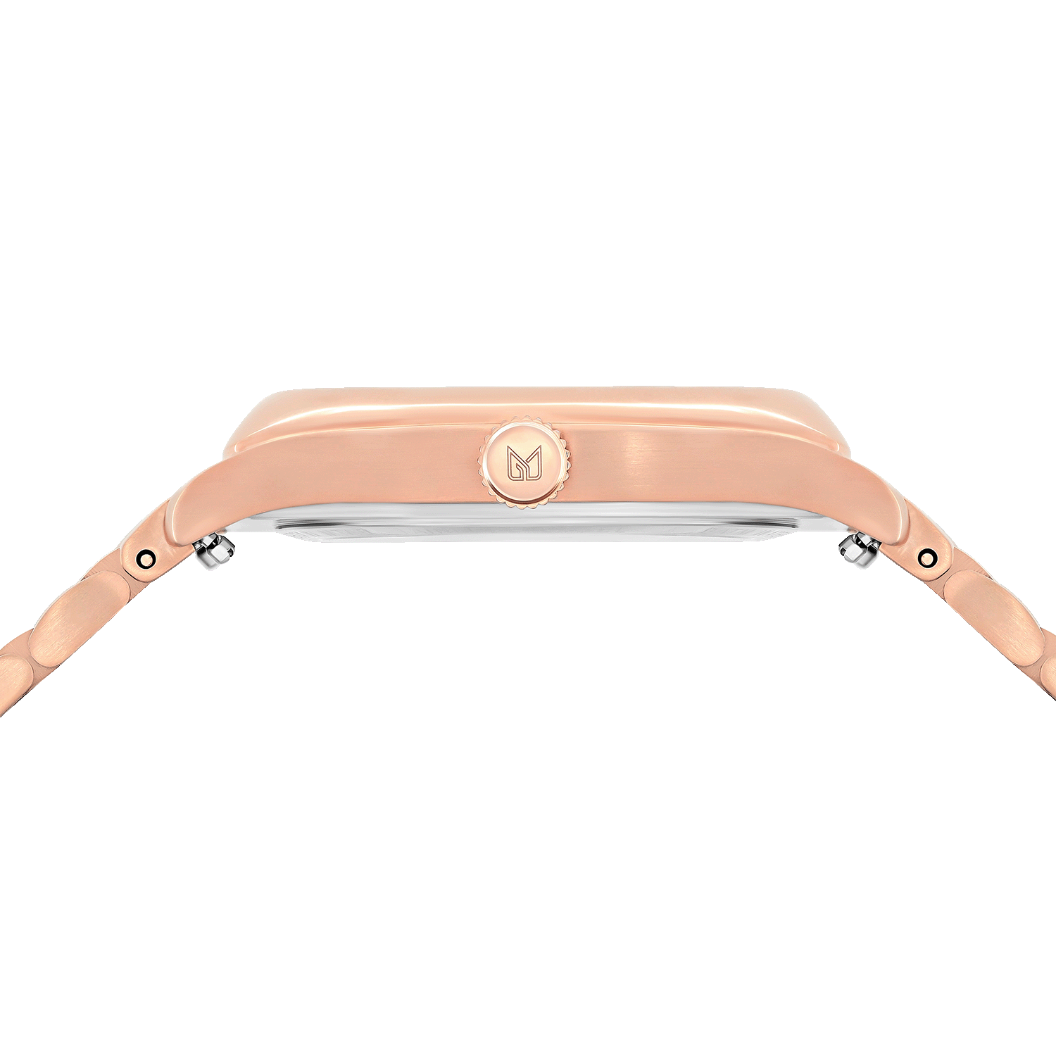 Rose gold watch strap on a white background