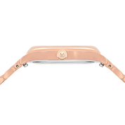 Rose gold watch strap on a white background