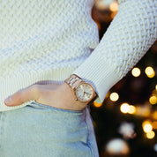 Wrist shot of man wearing MAKYDO Rose Gold white Mosaic 38 automatic unisex watch, featuring green mosaic pattern dial.  316L Stainless Steel integrated bracelet complimented with a 9mm of slim case powered by a sturdy Japan MIYOTA 9015 movement.