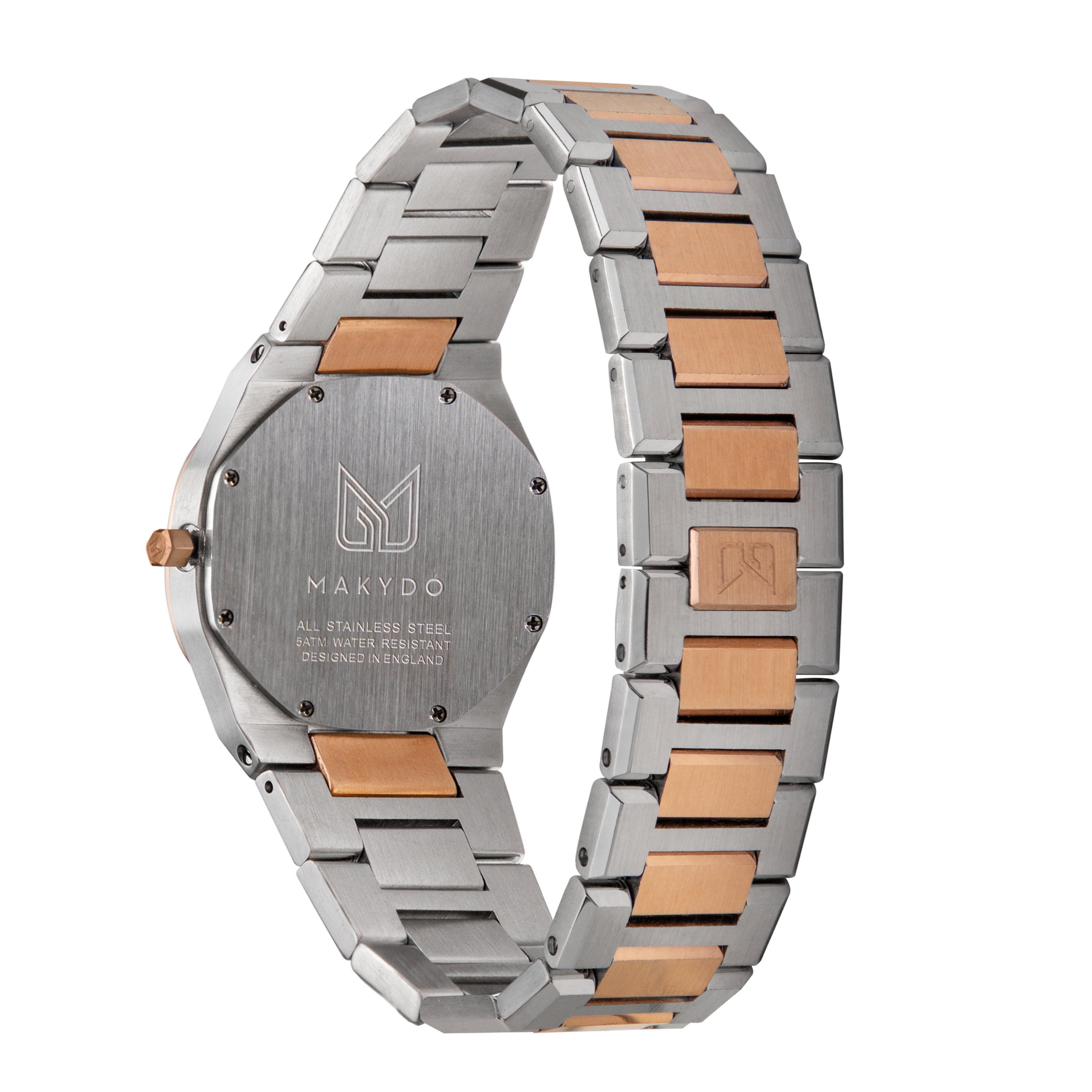 Behold the harmonious fusion of steel and rose gold in this captivating two-tone black dial women's watch invites you to embrace the depths of your aspirations and illuminate the path ahead. The brilliant, highly transparent sapphire crystal with anti-reflective coating expose the sophisticated silver baton hands with BGW9 Lume. The flawless symmetry of perfected Rose Gold plated 316L stainless steel integrated bracelet complimented with a 6.7mm of slim case powered by a sturdy Miyota quartz movement.