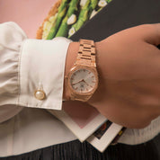 Behold the ethereal masterpiece that graces the wrist—the rose gold-plated frosted finish pearl white women's watch.  Each passing second inspires self-discovery, radiating resilience and passion.  The brilliant, highly transparent sapphire crystal with anti-reflective coating expose the sophisticated silver baton hands with BGW9 Lume. The flawless symmetry of the 316L Stainless Steel integrated bracelet complimented with a 6.7mm of slim case powered by a sturdy Miyota quartz movement.