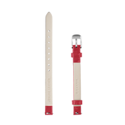 Red and beige watch strap with silver buckle on a white background