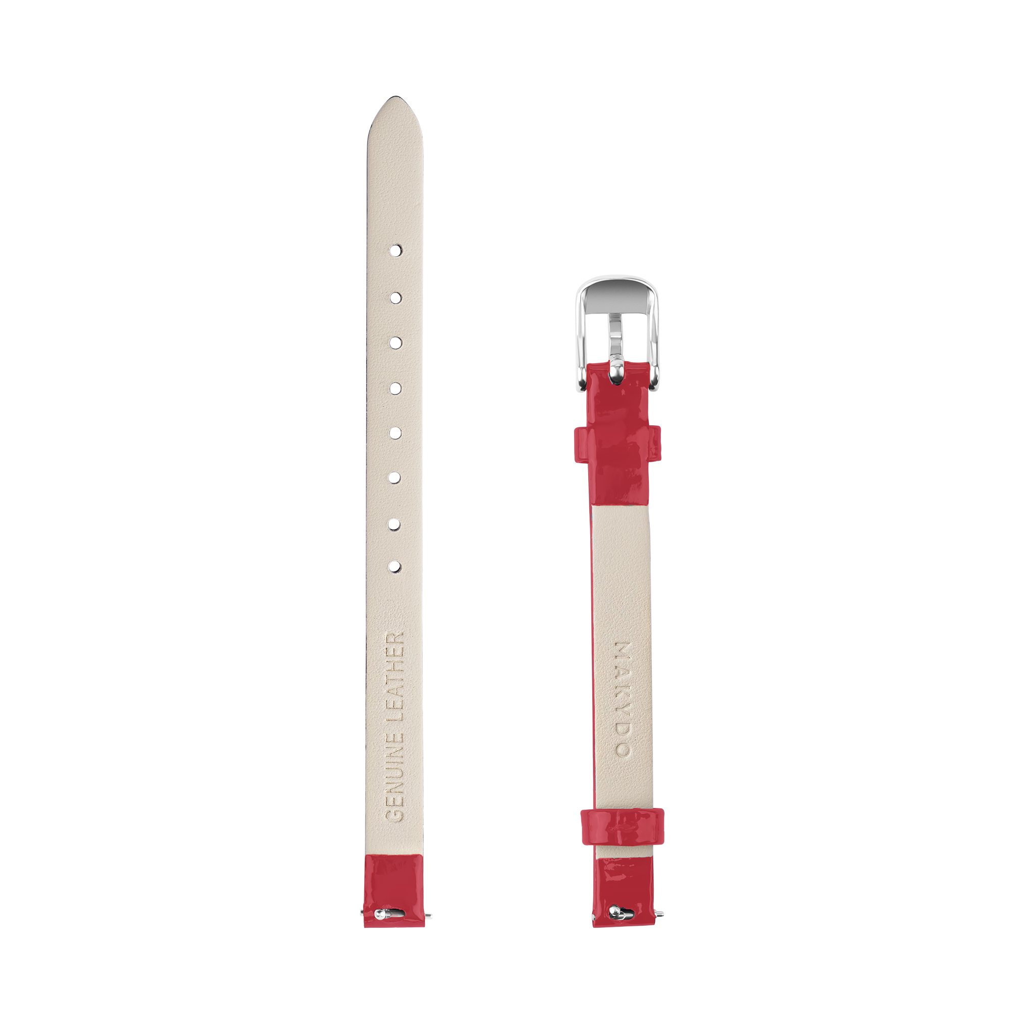 Red and beige watch strap with silver buckle on a white background