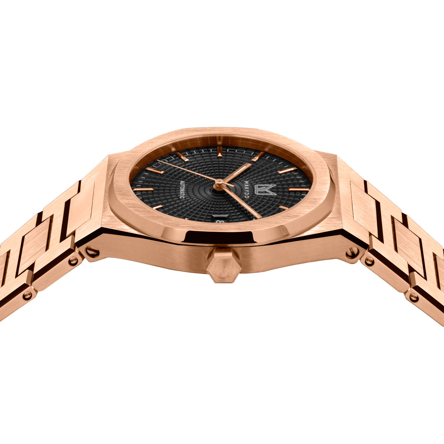 MAKYDO Rose Gold Black Mosaic 38 automatic unisex watch, featuring green mosaic pattern dial.  316L Stainless Steel integrated bracelet complimented with a 9mm of slim case powered by a sturdy Japan MIYOTA 9015 movement.