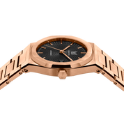 MAKYDO Rose Gold Black Mosaic 38 automatic unisex watch, featuring green mosaic pattern dial.  316L Stainless Steel integrated bracelet complimented with a 9mm of slim case powered by a sturdy Japan MIYOTA 9015 movement.