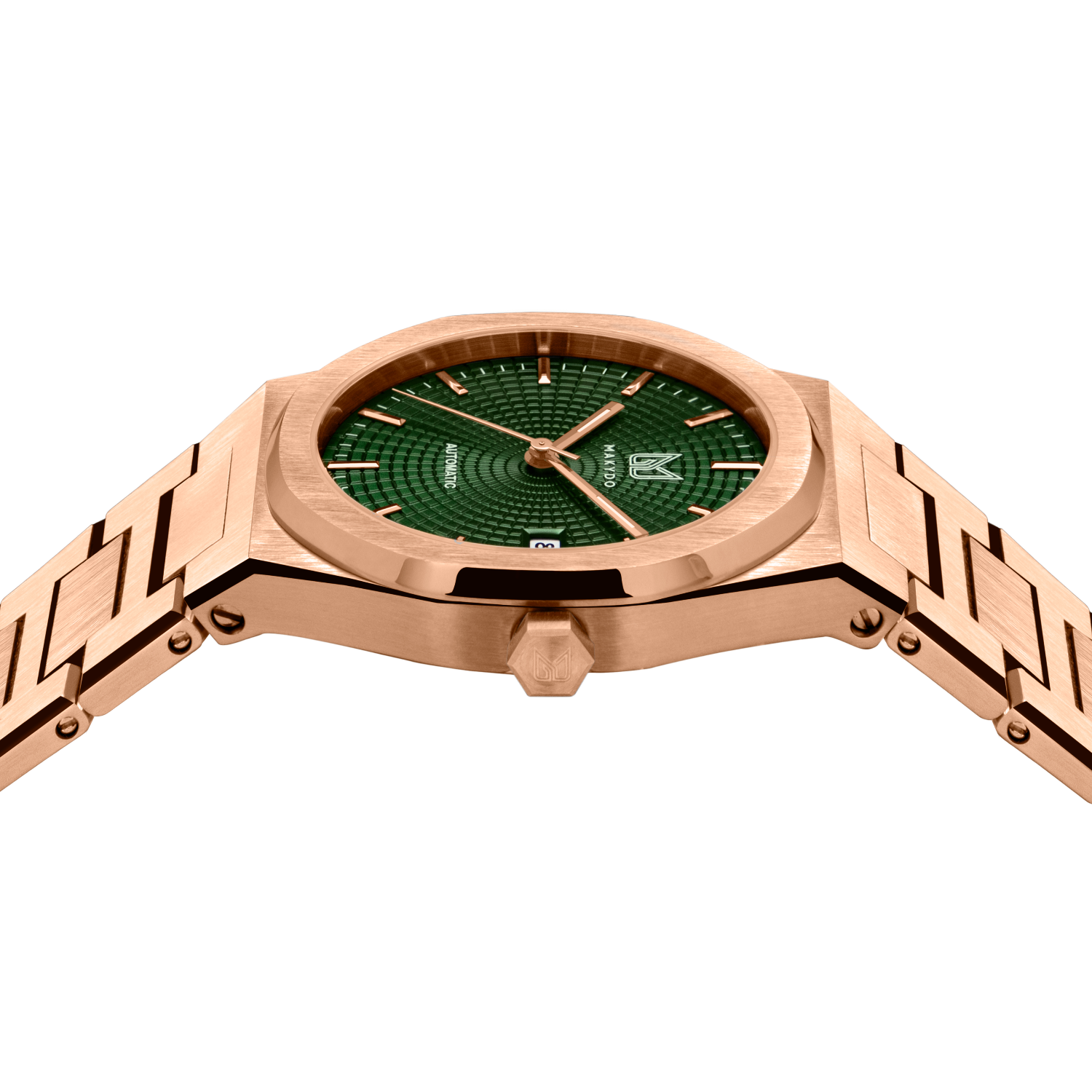MAKYDO Rose Gold Green Mosaic 38 automatic unisex watch, featuring green mosaic pattern dial.  316L Stainless Steel integrated bracelet complimented with a 9mm of slim case powered by a sturdy Japan MIYOTA 9015 movement.
