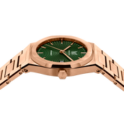 MAKYDO Rose Gold Green Mosaic 38 automatic unisex watch, featuring green mosaic pattern dial.  316L Stainless Steel integrated bracelet complimented with a 9mm of slim case powered by a sturdy Japan MIYOTA 9015 movement.
