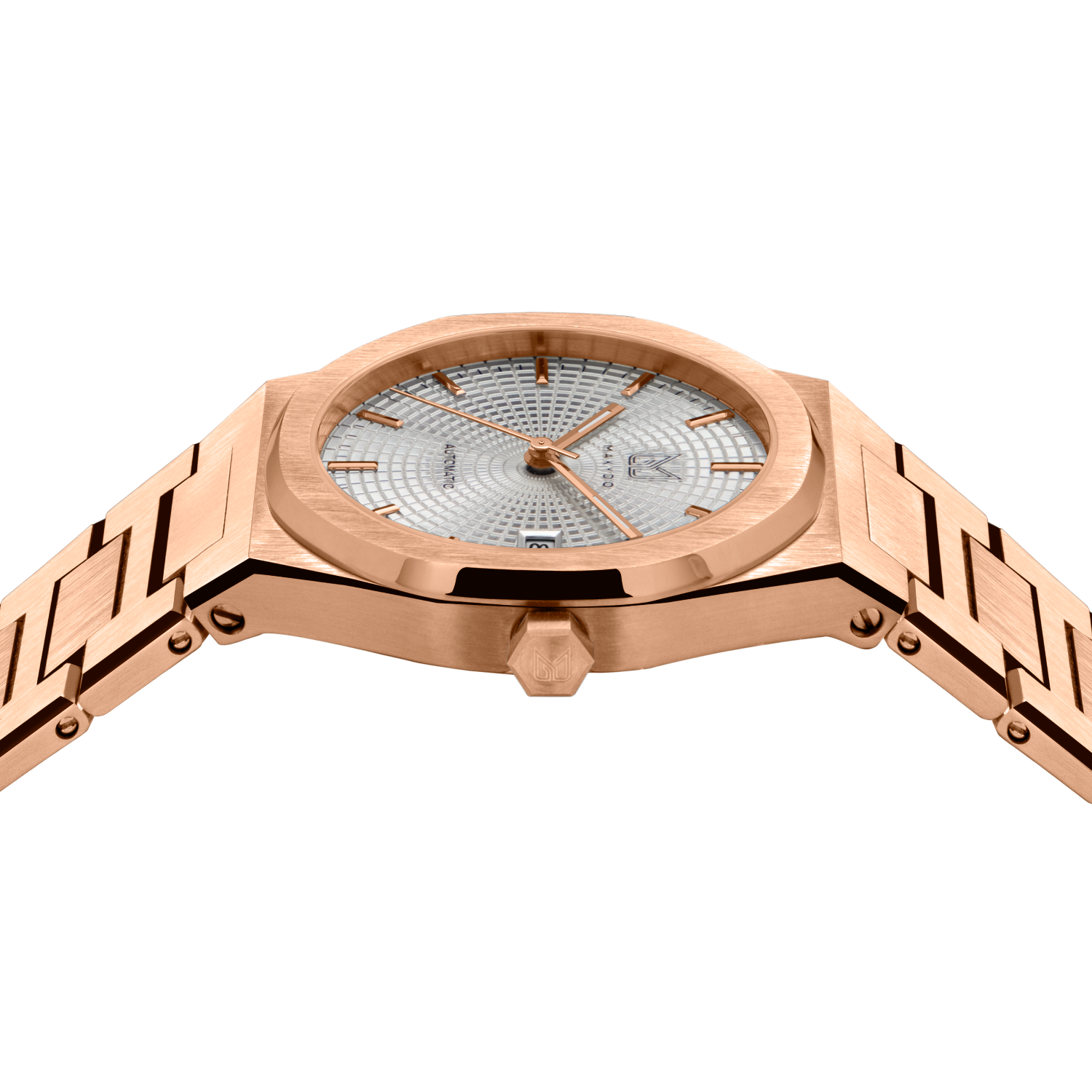 MAKYDO Rose Gold white Mosaic 38 automatic unisex watch, featuring green mosaic pattern dial.  316L Stainless Steel integrated bracelet complimented with a 9mm of slim case powered by a sturdy Japan MIYOTA 9015 movement.