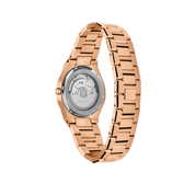 Exhibition case back of MAKYDO Rose Gold Black Mosaic 38 automatic unisex watch, featuring green mosaic pattern dial.  316L Stainless Steel integrated bracelet complimented with a 9mm of slim case powered by a sturdy Japan MIYOTA 9015 movement.