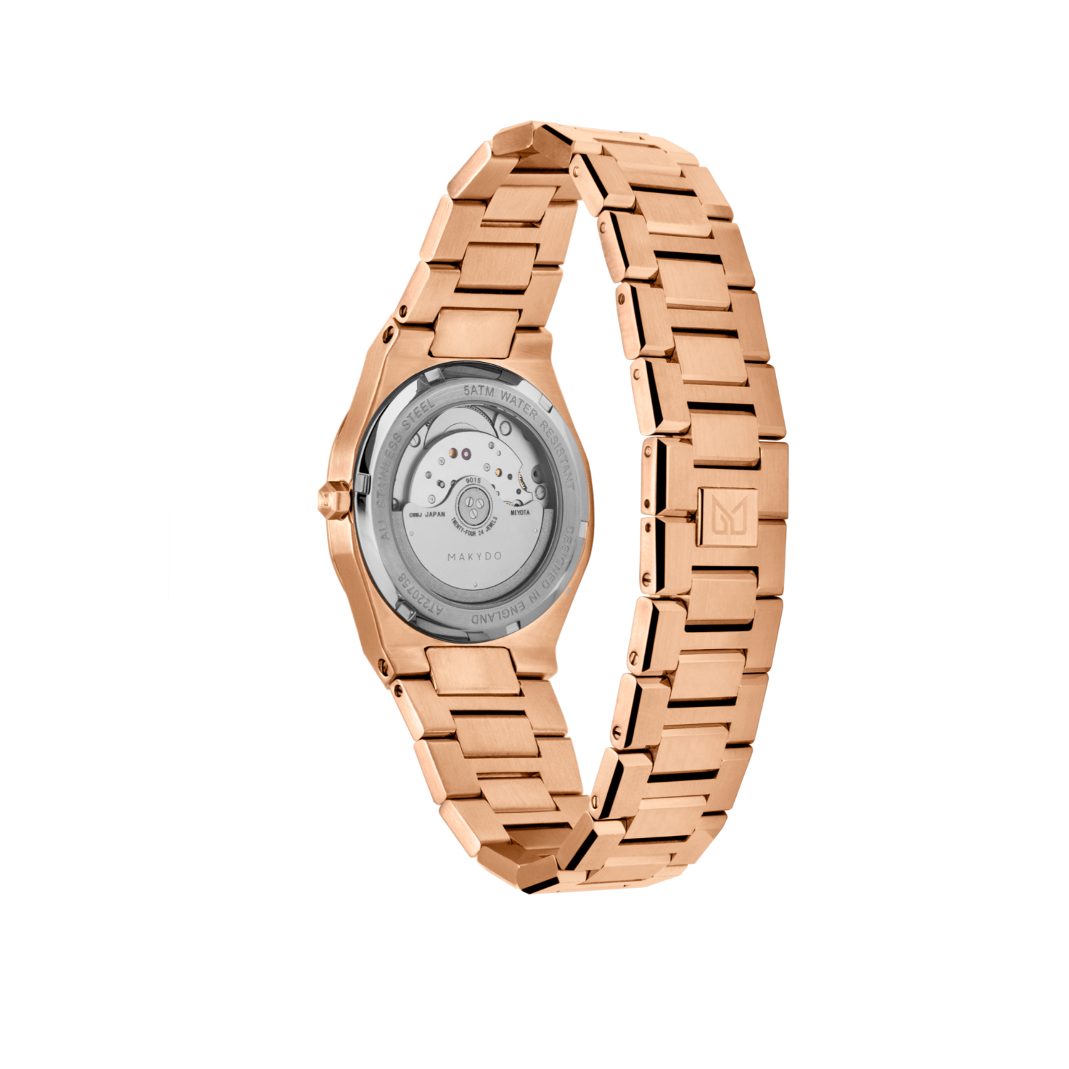 Exhibition case back of MAKYDO Rose Gold Green Mosaic 38 automatic unisex watch, featuring green mosaic pattern dial.  316L Stainless Steel integrated bracelet complimented with a 9mm of slim case powered by a sturdy Japan MIYOTA 9015 movement.
