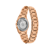 Exhibition case back of MAKYDO Rose Gold Green Mosaic 38 automatic unisex watch, featuring green mosaic pattern dial.  316L Stainless Steel integrated bracelet complimented with a 9mm of slim case powered by a sturdy Japan MIYOTA 9015 movement.