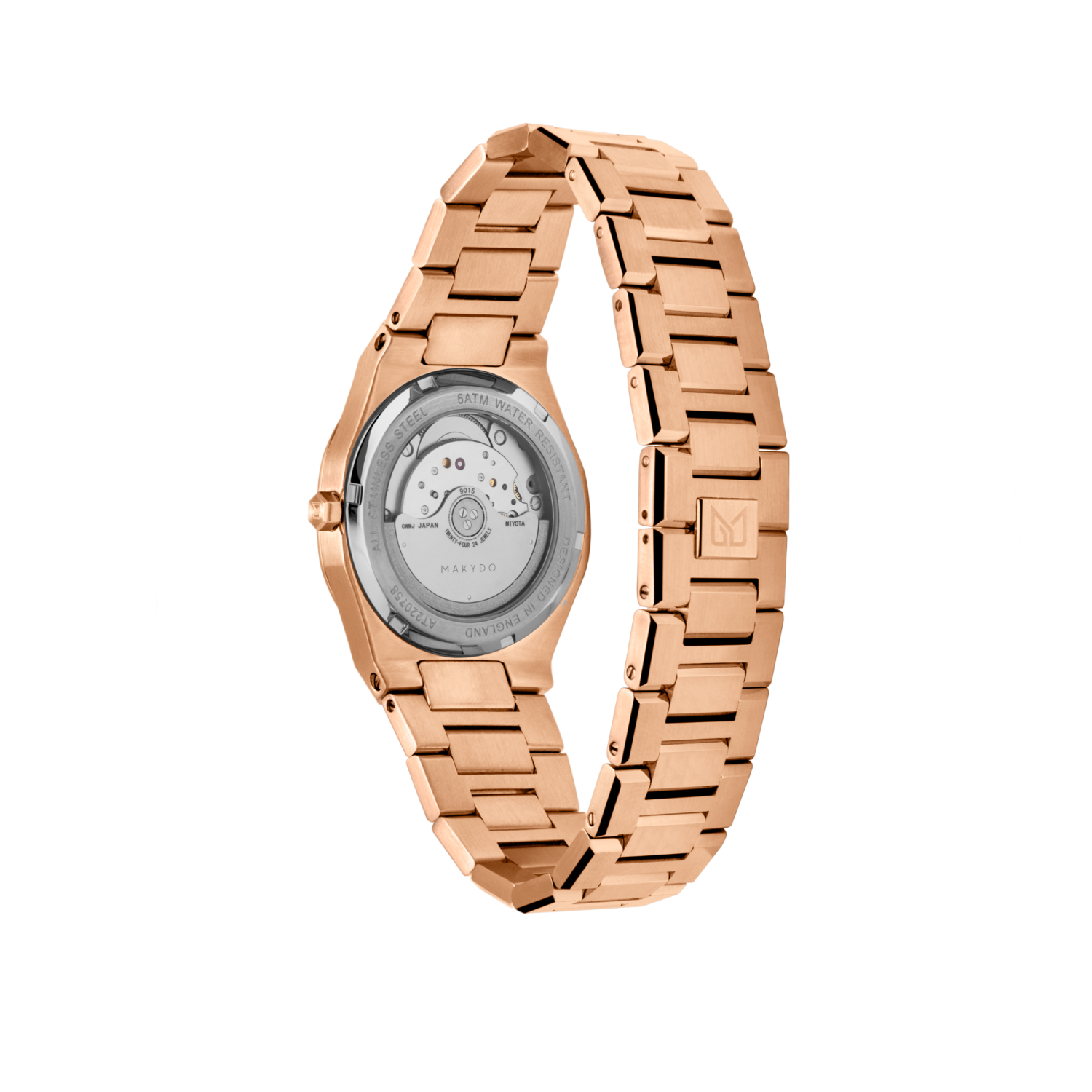 Exhibition case back of MAKYDO Rose Gold white Mosaic 38 automatic unisex watch, featuring green mosaic pattern dial.  316L Stainless Steel integrated bracelet complimented with a 9mm of slim case powered by a sturdy Japan MIYOTA 9015 movement.