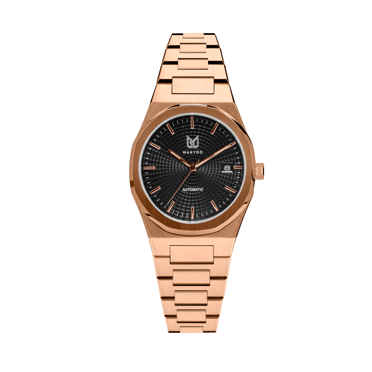 MAKYDO Rose Gold Black Mosaic 38 automatic unisex watch, featuring green mosaic pattern dial.  316L Stainless Steel integrated bracelet complimented with a 9mm of slim case powered by a sturdy Japan MIYOTA 9015 movement.
