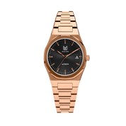 MAKYDO Rose Gold Black Mosaic 38 automatic unisex watch, featuring green mosaic pattern dial.  316L Stainless Steel integrated bracelet complimented with a 9mm of slim case powered by a sturdy Japan MIYOTA 9015 movement.