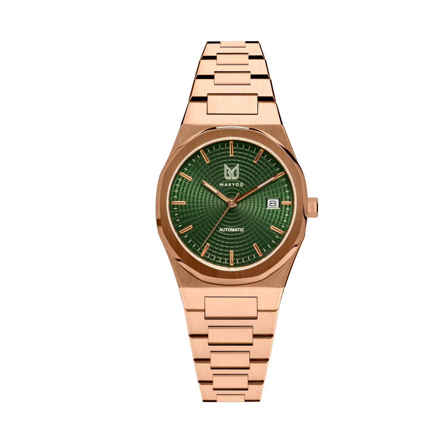 MAKYDO Rose Gold Green Mosaic 38 automatic unisex watch, featuring green mosaic pattern dial.  316L Stainless Steel integrated bracelet complimented with a 9mm of slim case powered by a sturdy Japan MIYOTA 9015 movement.