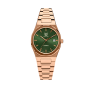 MAKYDO Rose Gold Green Mosaic 38 automatic unisex watch, featuring green mosaic pattern dial.  316L Stainless Steel integrated bracelet complimented with a 9mm of slim case powered by a sturdy Japan MIYOTA 9015 movement.