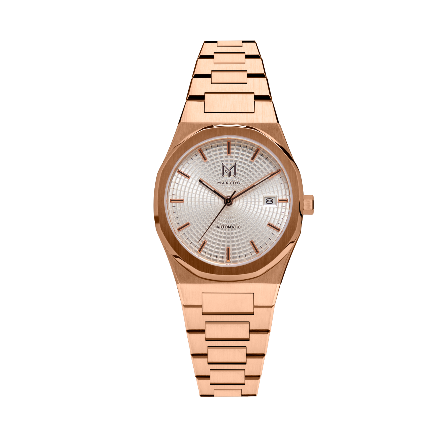 MAKYDO Rose Gold white Mosaic 38 automatic unisex watch, featuring green mosaic pattern dial.  316L Stainless Steel integrated bracelet complimented with a 9mm of slim case powered by a sturdy Japan MIYOTA 9015 movement.