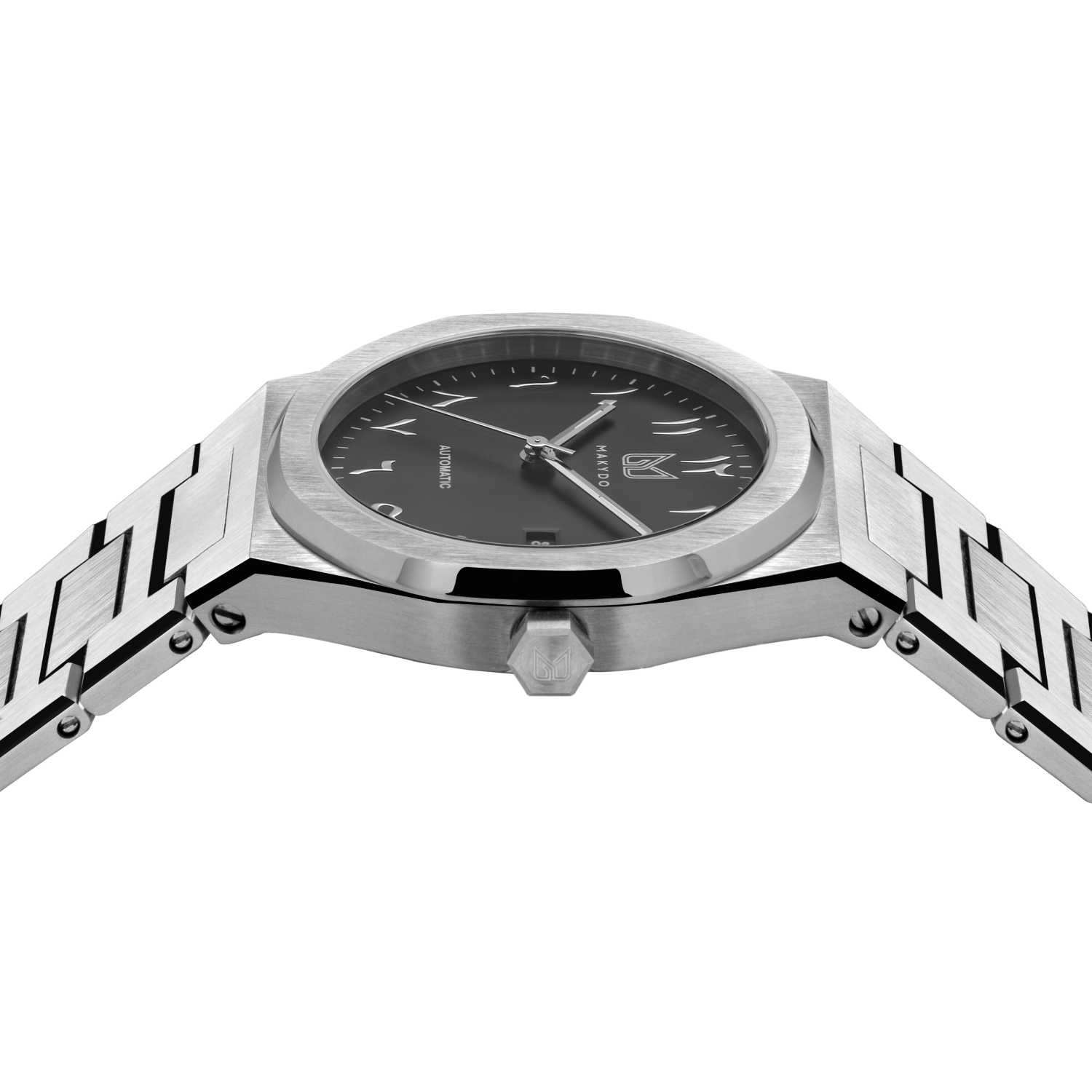 MAKYDO Onyx Black Middle East 38 automatic unisex watch, featuring a black  sunburst  dial with arabic numerals as indices.  316L Stainless Steel integrated bracelet complimented with a 9mm of slim case powered by a sturdy Japan MIYOTA 9015 movement.