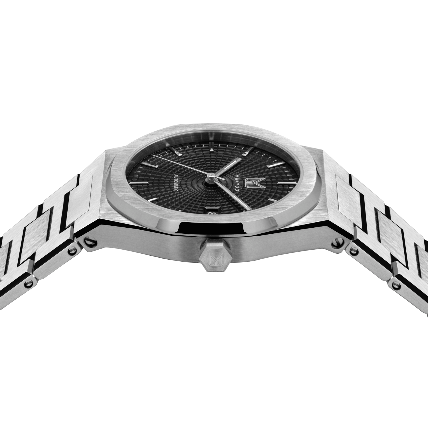 MAKYDO Onyx Black Mosaic 38 automatic unisex watch, featuring black mosaic pattern dial.  316L Stainless Steel integrated bracelet complimented with a 9mm of slim case powered by a sturdy Japan MIYOTA 9015 movement.