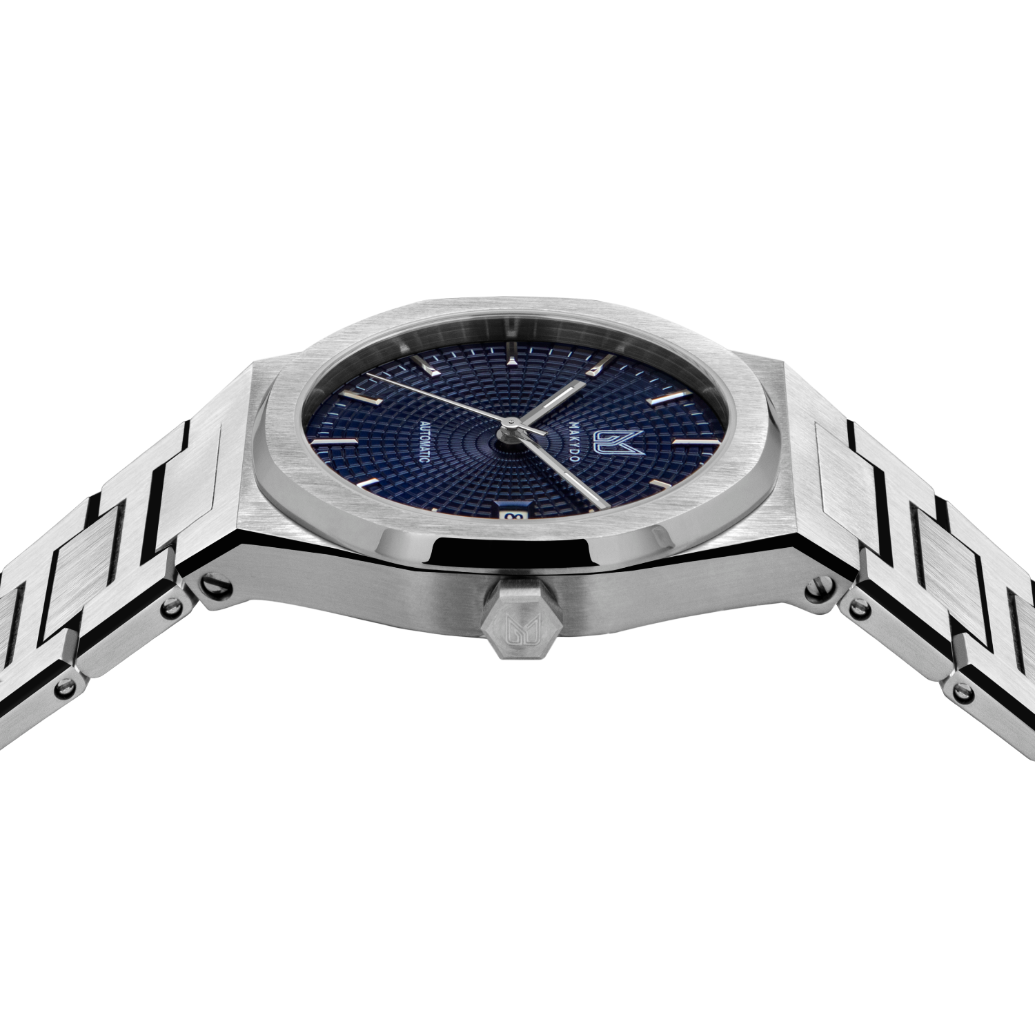 MAKYDO Classy Blue Mosaic 38 automatic unisex watch, featuring blue mosaic pattern dial.  316L Stainless Steel integrated bracelet complimented with a 9mm of slim case powered by a sturdy Japan MIYOTA 9015 movement.