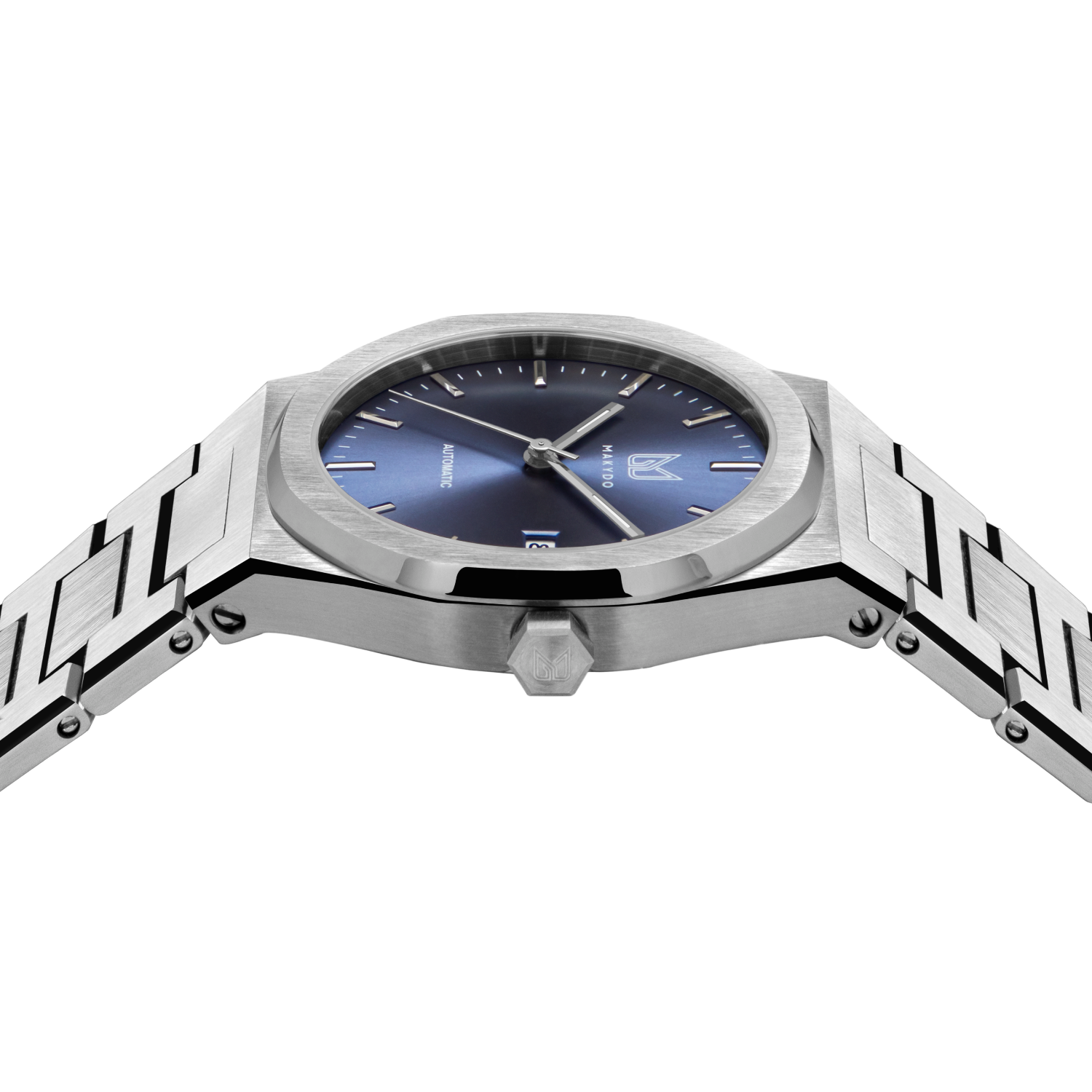 MAKYDO Mystic Blue 38 automatic unisex watch, featuring a light blue sunburst  dial.  316L Stainless Steel integrated bracelet complimented with a 9mm of slim case powered by a sturdy Japan MIYOTA 9015 movement.