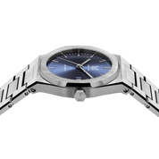 MAKYDO Mystic Blue 38 automatic unisex watch, featuring a light blue sunburst  dial.  316L Stainless Steel integrated bracelet complimented with a 9mm of slim case powered by a sturdy Japan MIYOTA 9015 movement.
