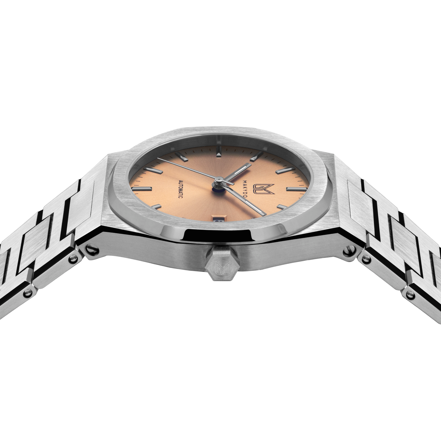 MAKYDO Champagne 38 automatic unisex watch, featuring a Champagne colour dial.  316L Stainless Steel integrated bracelet complimented with a 9mm of slim case powered by a sturdy Japan MIYOTA 9015 movement.