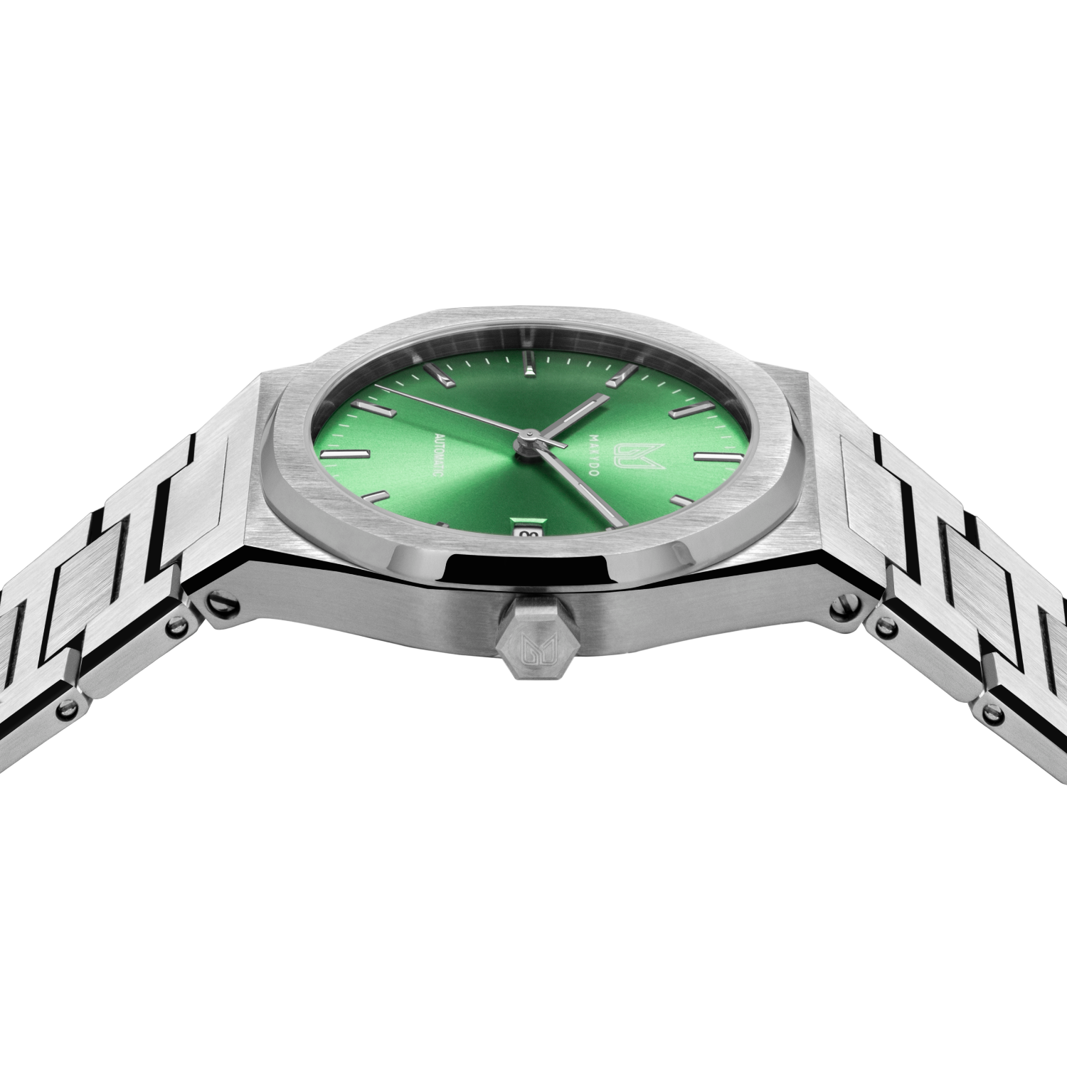 MAKYDO Absinthe Green 38 automatic unisex watch, featuring a Green sunburst dial.  316L Stainless Steel integrated bracelet complimented with a 9mm of slim case powered by a sturdy Japan MIYOTA 9015 movement.