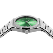 MAKYDO Absinthe Green 38 automatic unisex watch, featuring a Green sunburst dial.  316L Stainless Steel integrated bracelet complimented with a 9mm of slim case powered by a sturdy Japan MIYOTA 9015 movement.