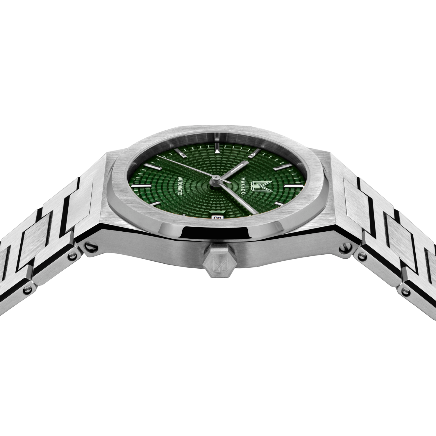 MAKYDO Emerald Green Mosaic 38 automatic unisex watch, featuring green mosaic pattern dial.  316L Stainless Steel integrated bracelet complimented with a 9mm of slim case powered by a sturdy Japan MIYOTA 9015 movement.