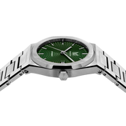MAKYDO Emerald Green Mosaic 38 automatic unisex watch, featuring green mosaic pattern dial.  316L Stainless Steel integrated bracelet complimented with a 9mm of slim case powered by a sturdy Japan MIYOTA 9015 movement.