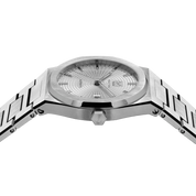 MAKYDO Pearl White Mosaic 38 automatic unisex watch, featuring white mosaic pattern dial.  316L Stainless Steel integrated bracelet complimented with a 9mm of slim case powered by a sturdy Japan MIYOTA 9015 movement.