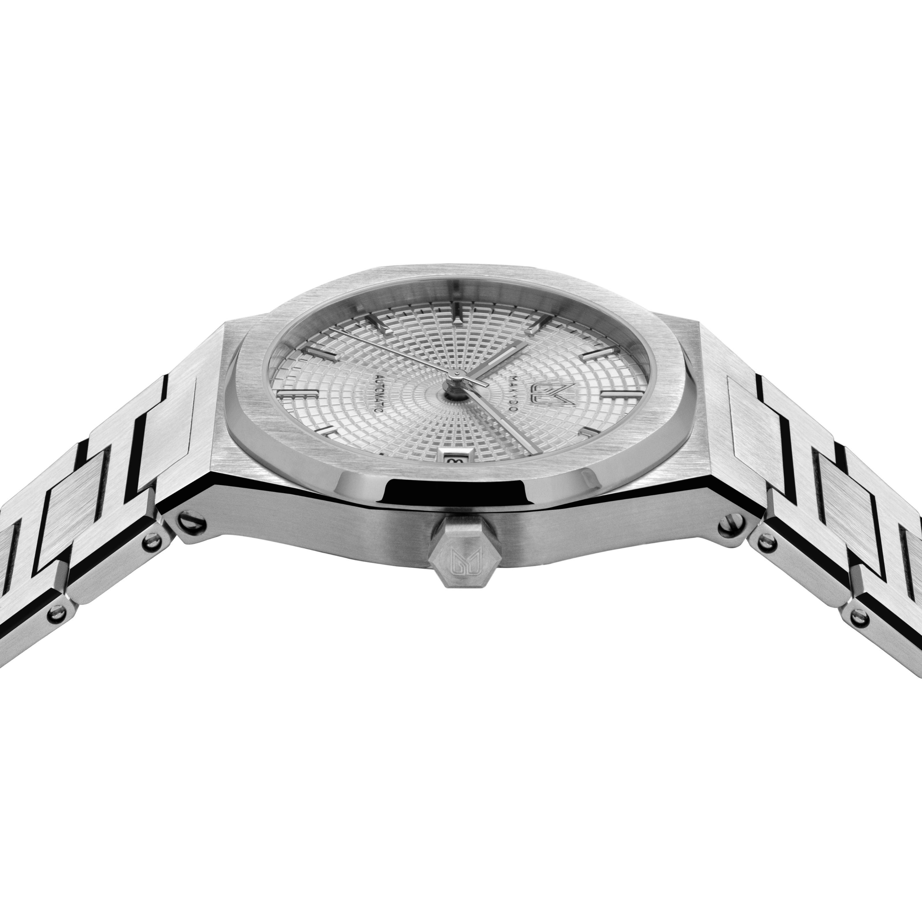 MAKYDO Pearl White Mosaic 38 automatic unisex watch, featuring white mosaic pattern dial.  316L Stainless Steel integrated bracelet complimented with a 9mm of slim case powered by a sturdy Japan MIYOTA 9015 movement.