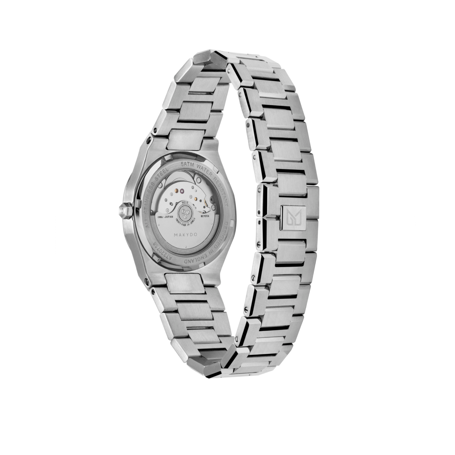 Exhibition caseback  of MAKYDO Absinthe Green 38 automatic unisex watch, featuring a Green sunburst dial.  316L Stainless Steel integrated bracelet complimented with a 9mm of slim case powered by a sturdy Japan MIYOTA 9015 movement.