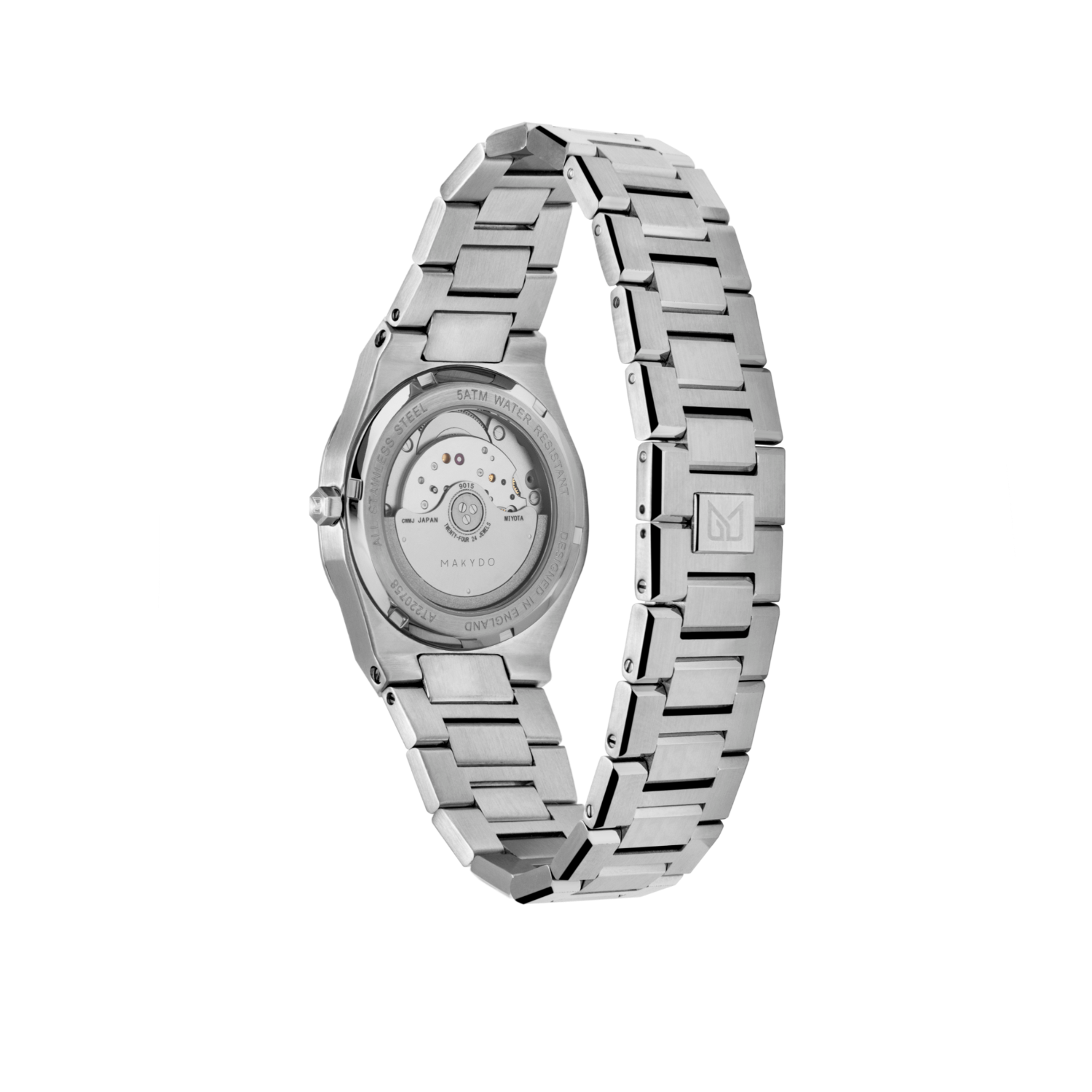 Exhibition case back of MAKYDO Onyx Black Middle East 38 automatic unisex watch, featuring a black  sunburst  dial with arabic numerals as indices.  316L Stainless Steel integrated bracelet complimented with a 9mm of slim case powered by a sturdy Japan MIYOTA 9015 movement.