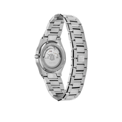 Exhibition case back of MAKYDO Onyx Black Middle East 38 automatic unisex watch, featuring a black  sunburst  dial with arabic numerals as indices.  316L Stainless Steel integrated bracelet complimented with a 9mm of slim case powered by a sturdy Japan MIYOTA 9015 movement.