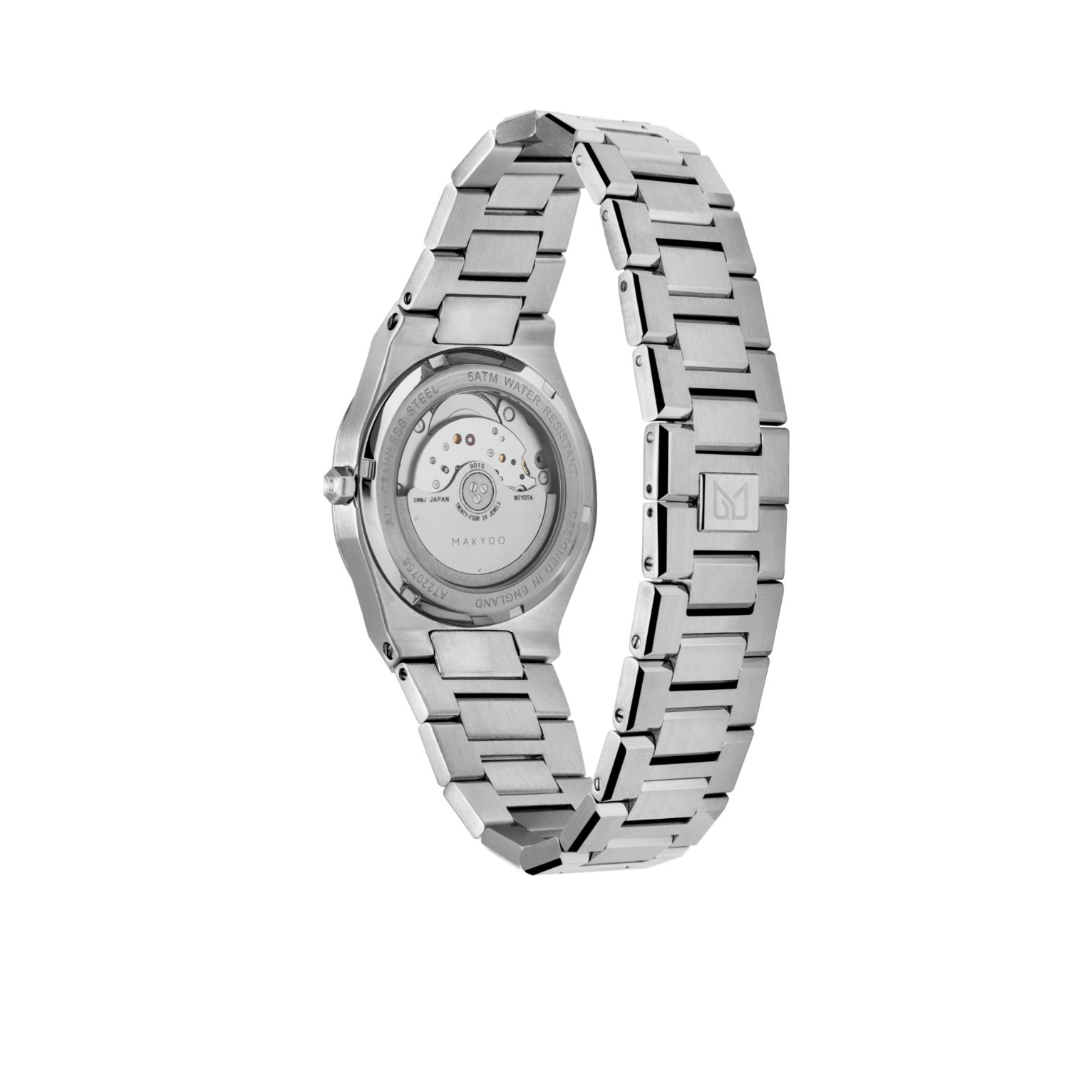 Exhibition case back of MAKYDO Emerald Green Mosaic 38 automatic unisex watch, featuring green mosaic pattern dial.  316L Stainless Steel integrated bracelet complimented with a 9mm of slim case powered by a sturdy Japan MIYOTA 9015 movement.