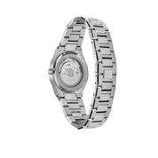 Exhibition case back of MAKYDO Emerald Green Mosaic 38 automatic unisex watch, featuring green mosaic pattern dial.  316L Stainless Steel integrated bracelet complimented with a 9mm of slim case powered by a sturdy Japan MIYOTA 9015 movement.