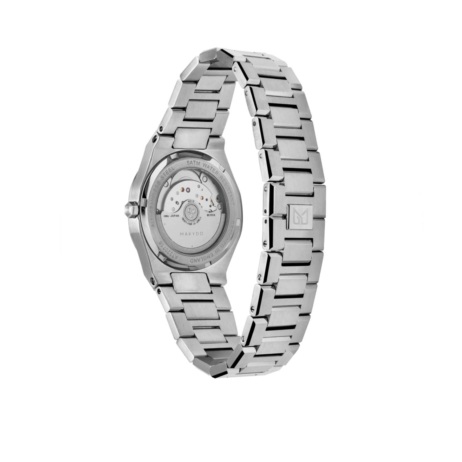 Exhibition case back of MAKYDO Mystic Blue 38 automatic unisex watch, featuring a light blue sunburst  dial.  316L Stainless Steel integrated bracelet complimented with a 9mm of slim case powered by a sturdy Japan MIYOTA 9015 movement.