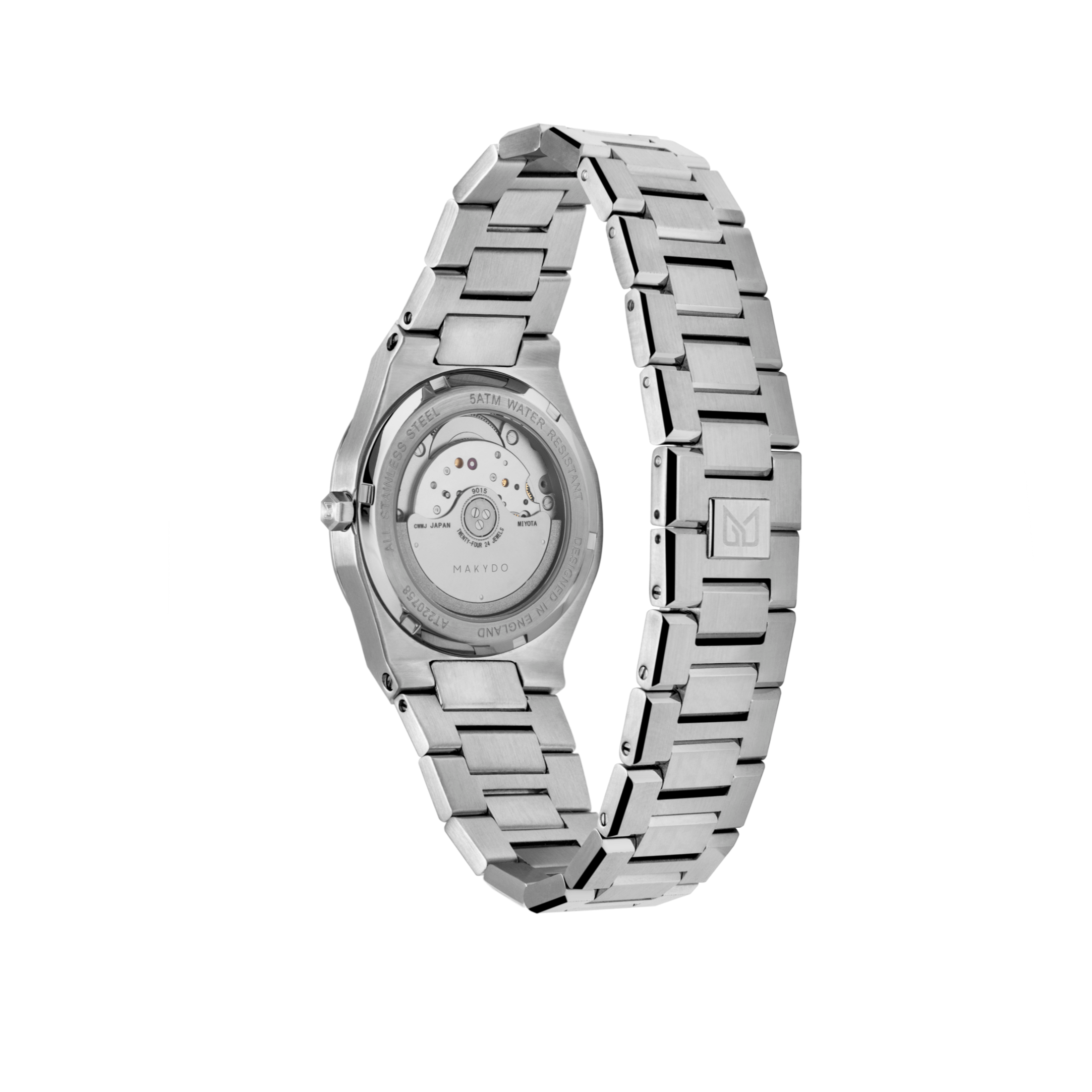 Exhibition case back of MAKYDO Pearl White Mosaic 38 automatic unisex watch, featuring white mosaic pattern dial.  316L Stainless Steel integrated bracelet complimented with a 9mm of slim case powered by a sturdy Japan MIYOTA 9015 movement.