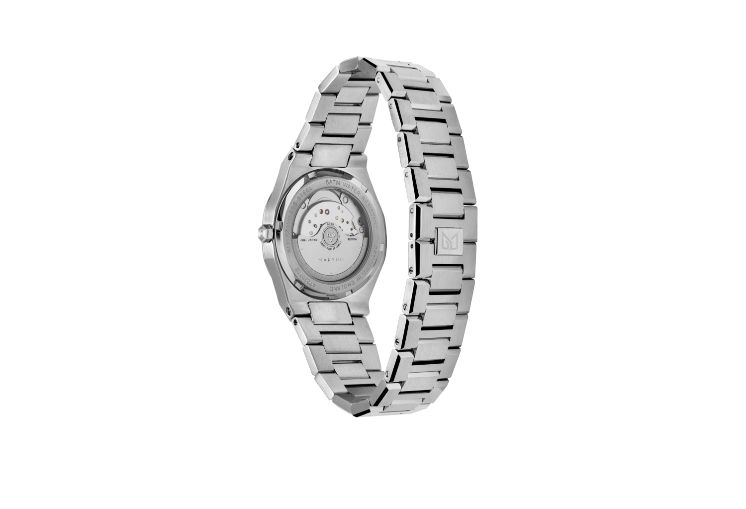 Exhibition case back of MAKYDO Onyx Black Mosaic 38 automatic unisex watch, featuring black mosaic pattern dial.  316L Stainless Steel integrated bracelet complimented with a 9mm of slim case powered by a sturdy Japan MIYOTA 9015 movement.