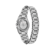 Exhibition case back of MAKYDO Classy Blue Mosaic 38 automatic unisex watch, featuring blue mosaic pattern dial.  316L Stainless Steel integrated bracelet complimented with a 9mm of slim case powered by a sturdy Japan MIYOTA 9015 movement.