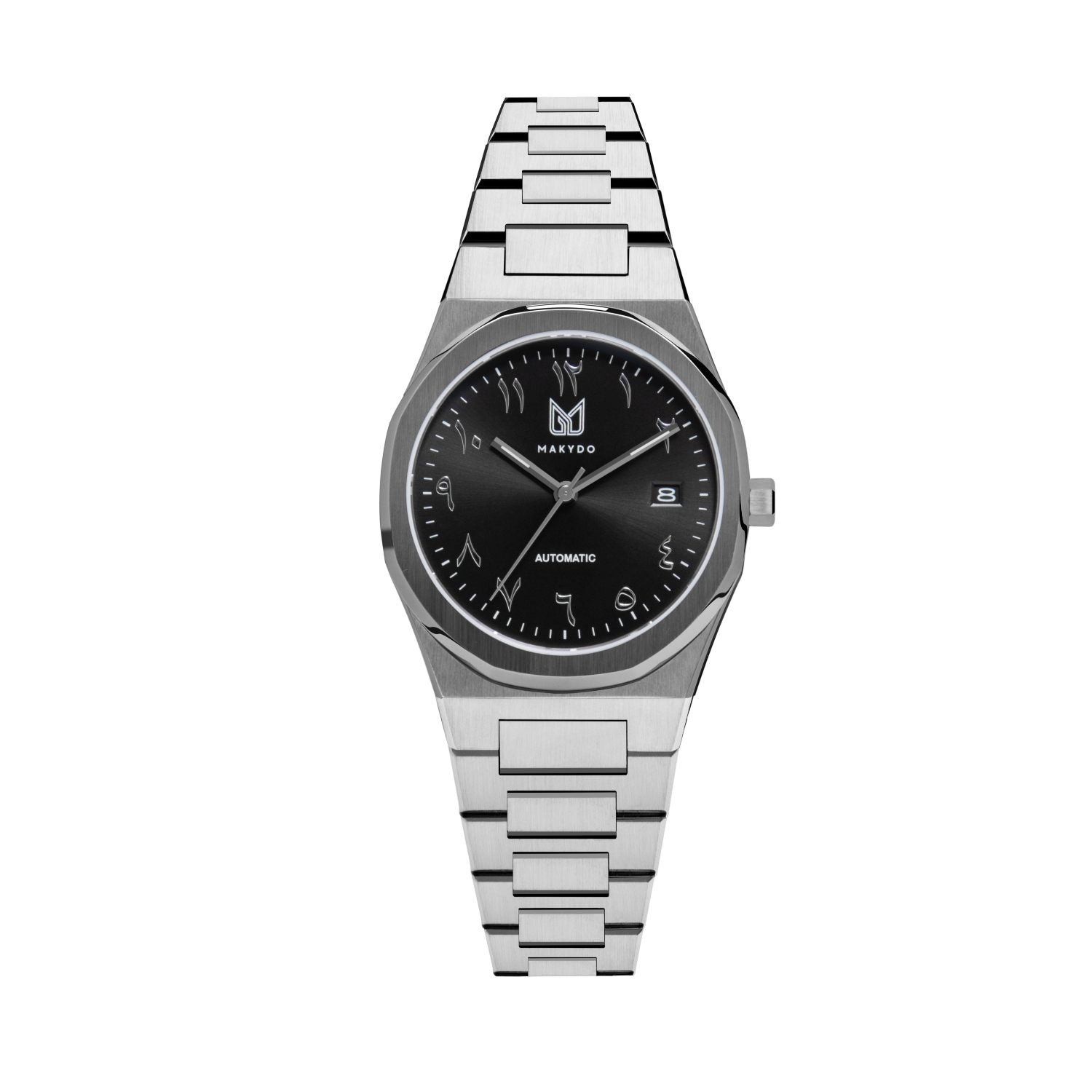 MAKYDO Onyx Black Middle East 38 automatic unisex watch, featuring a black  sunburst  dial with arabic numerals as indices.  316L Stainless Steel integrated bracelet complimented with a 9mm of slim case powered by a sturdy Japan MIYOTA 9015 movement.