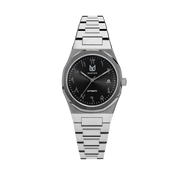 MAKYDO Onyx Black Middle East 38 automatic unisex watch, featuring a black  sunburst  dial with arabic numerals as indices.  316L Stainless Steel integrated bracelet complimented with a 9mm of slim case powered by a sturdy Japan MIYOTA 9015 movement.