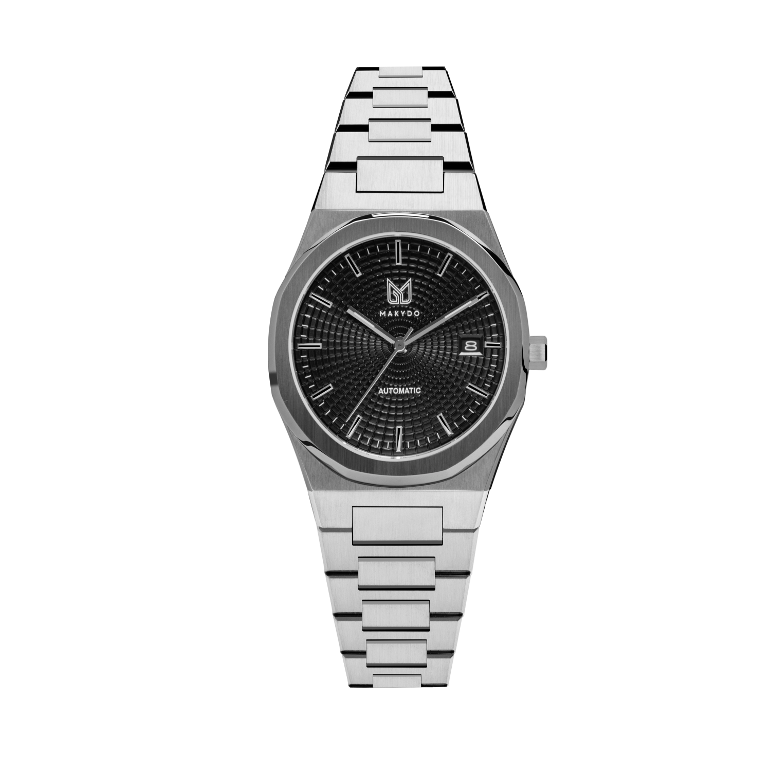 MAKYDO Onyx Black Mosaic 38 automatic unisex watch, featuring black mosaic pattern dial.  316L Stainless Steel integrated bracelet complimented with a 9mm of slim case powered by a sturdy Japan MIYOTA 9015 movement.