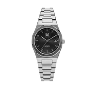 MAKYDO Onyx Black Mosaic 38 automatic unisex watch, featuring black mosaic pattern dial.  316L Stainless Steel integrated bracelet complimented with a 9mm of slim case powered by a sturdy Japan MIYOTA 9015 movement.