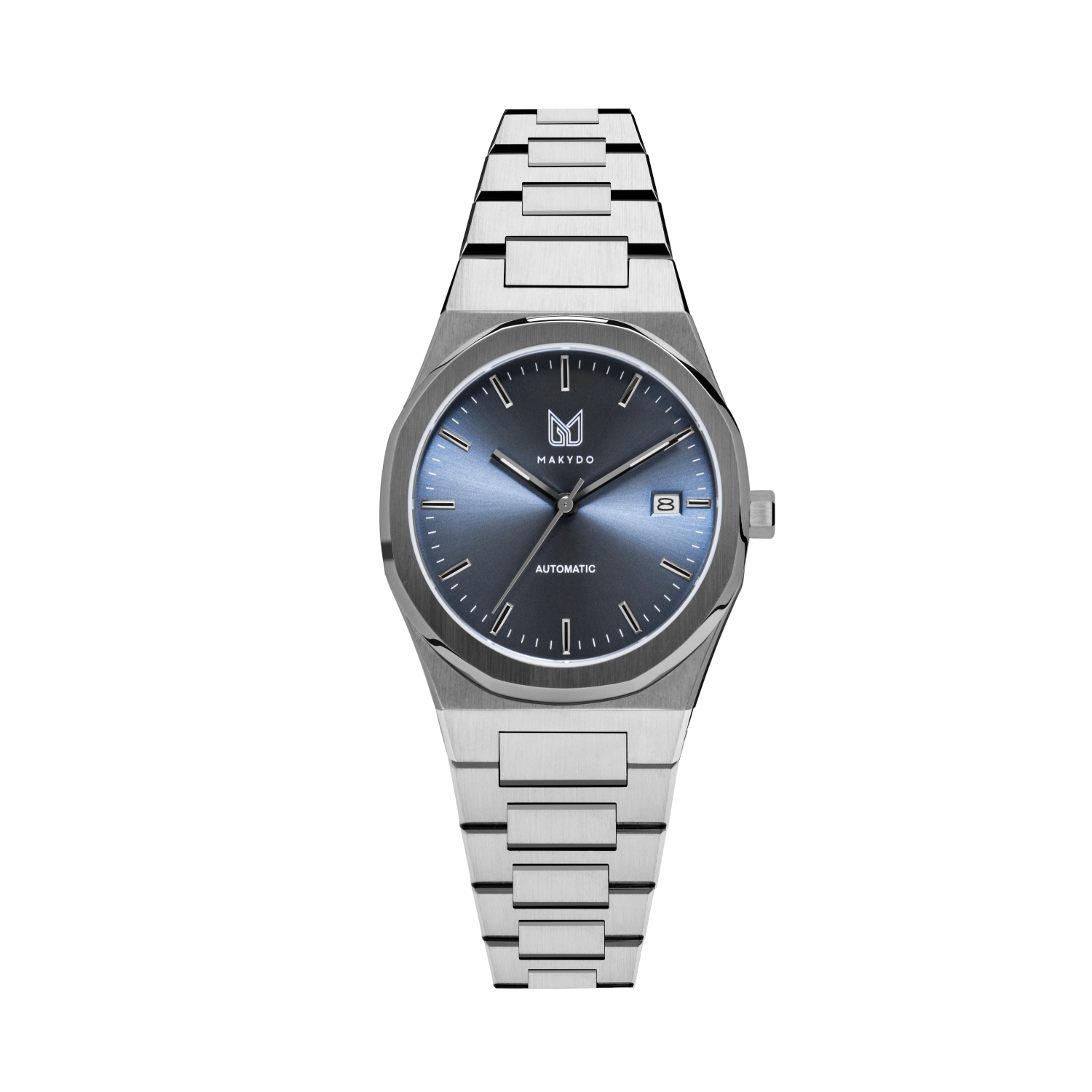 MAKYDO Mystic Blue 38 automatic unisex watch, featuring a light blue sunburst  dial.  316L Stainless Steel integrated bracelet complimented with a 9mm of slim case powered by a sturdy Japan MIYOTA 9015 movement.